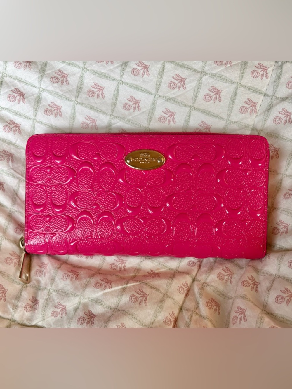 Coach Signature Debossed Patent Leather Accordion Zip Around Wallet In Pink